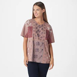 🍉 LOGO Lavish by Lori Goldstein Color-Block Embroidered Beaded Blouse Small